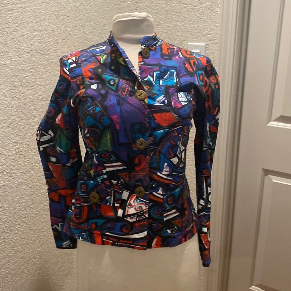 Chico’s Colorful Abstract Geometric Lightweight Button Down Jacket EUC Sz Sm